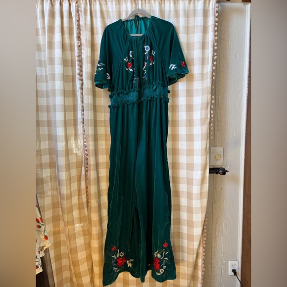 ASOS Pants - ASOS Dark Green Floral Embroidered Velvet Wide Leg Jumpsuit